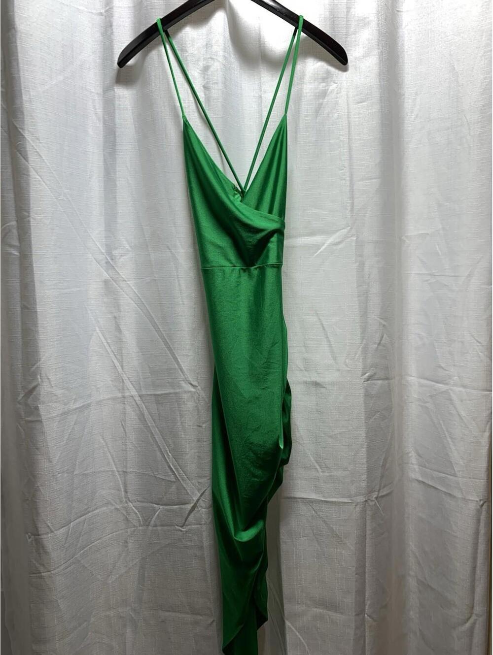 MADRAG Medium Green Silk Dress Draped Asymmetrical